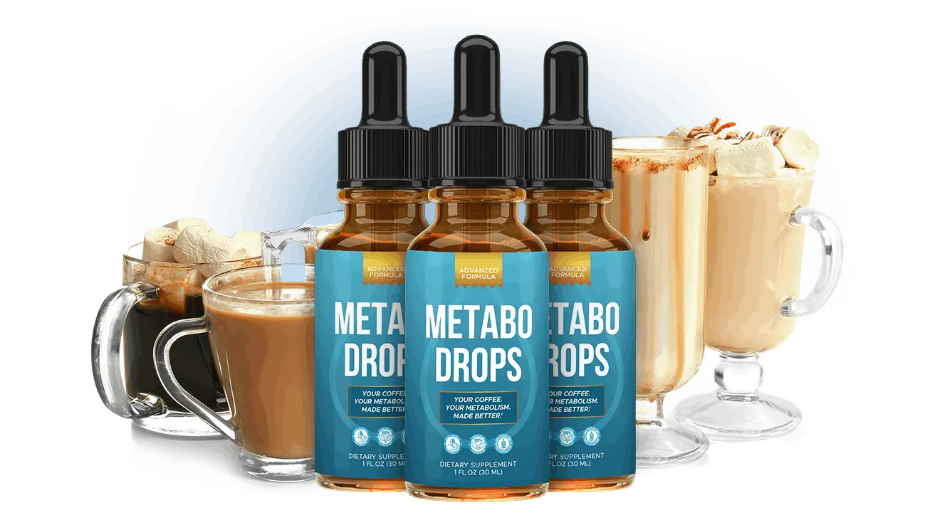 Metabo Drops bottle beside a cup of coffee showing a tasteless liquid supplement that boosts metabolism and fat burning